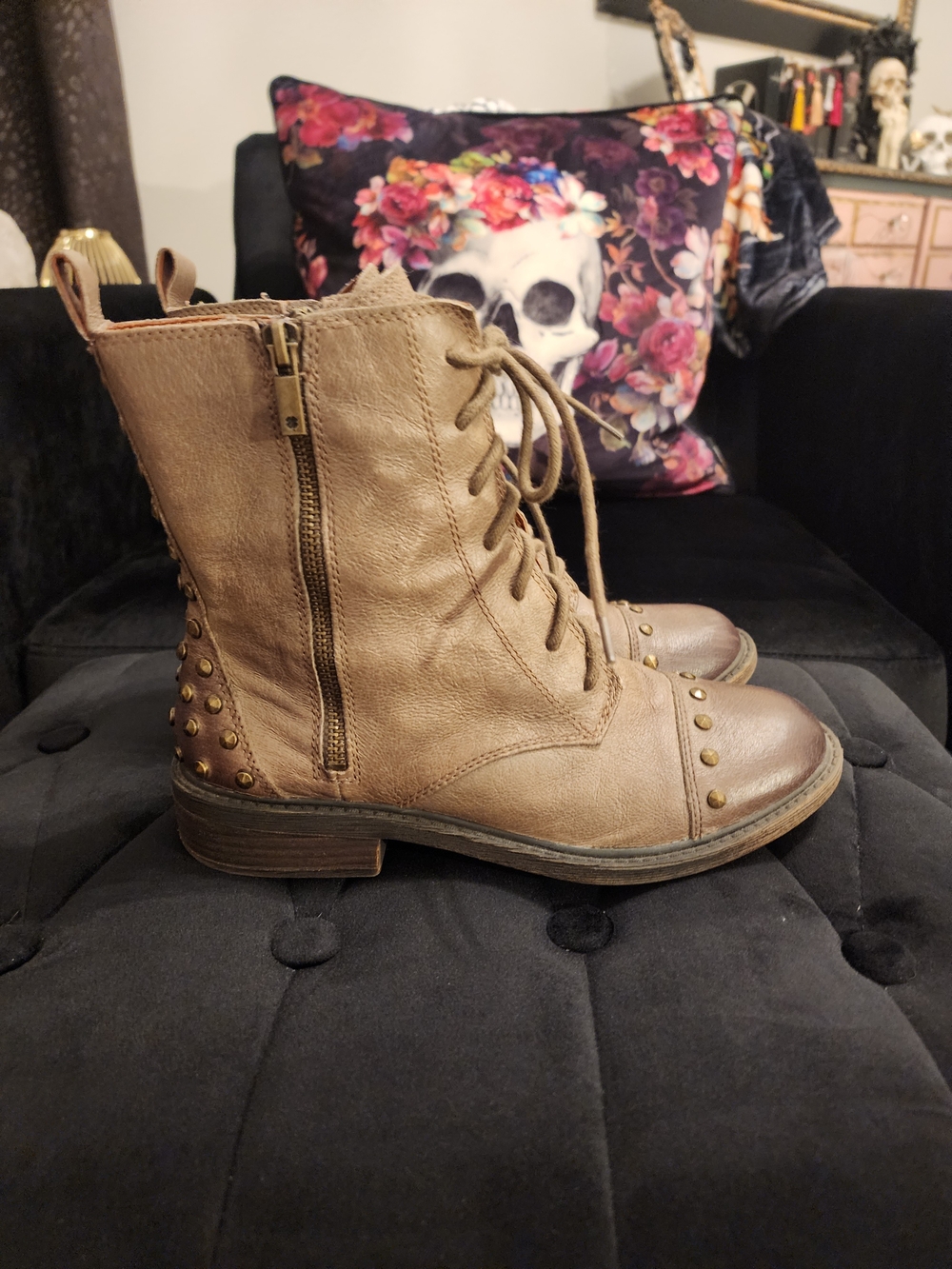 Lucky Brand Tan Studded Lace-Up Combat Boots